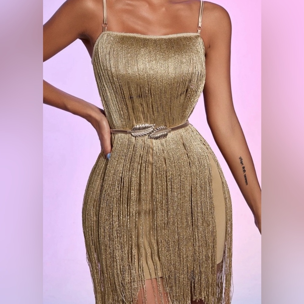 Size Small. Bella Barnett Gold fringe mini dress.